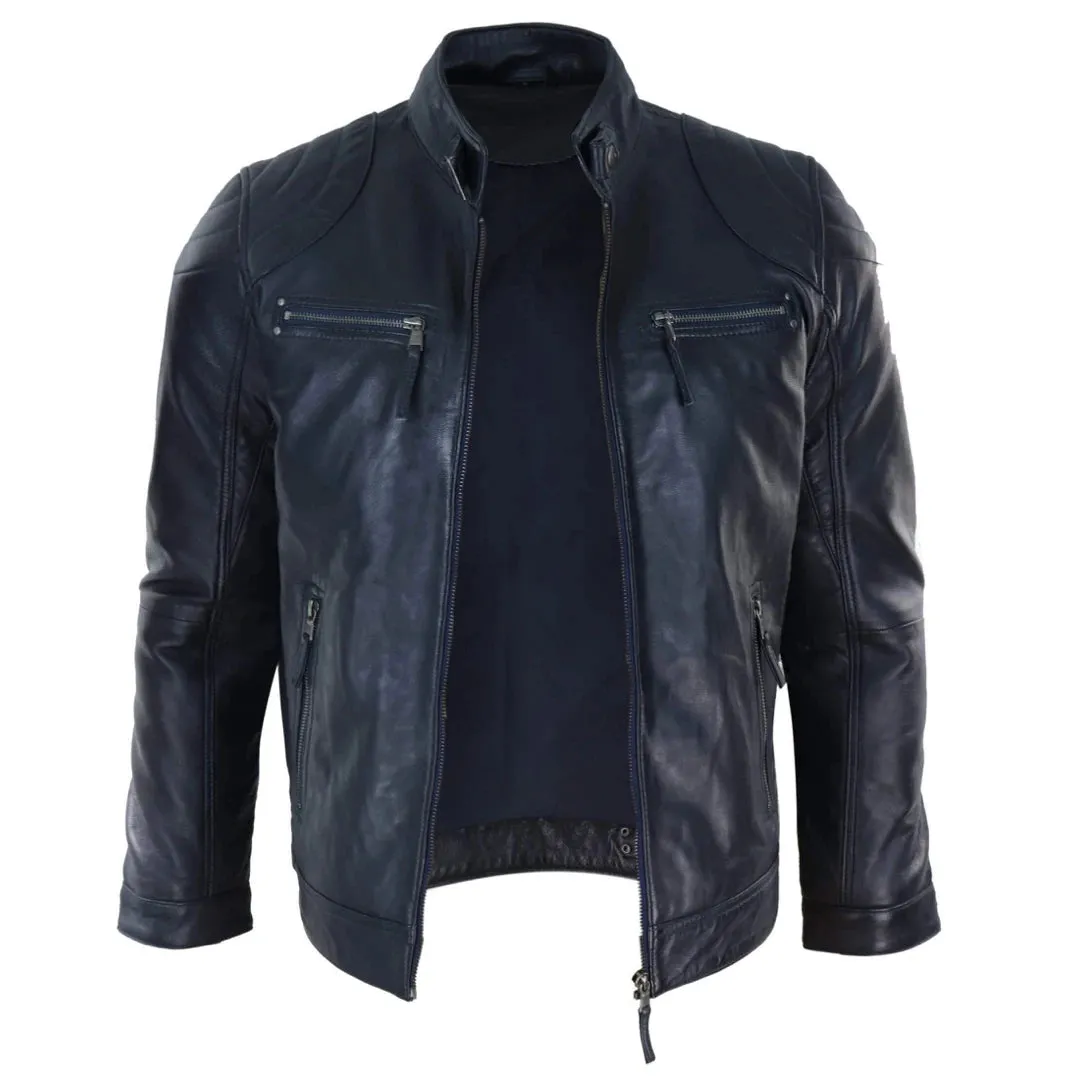 Men's Biker Zip Jacket Leather Light Short Classic Motorcycle