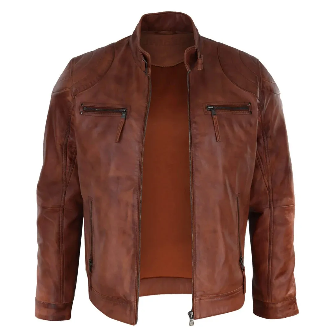 Men's Biker Zip Jacket Leather Light Short Classic Motorcycle
