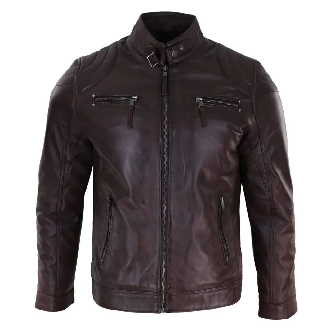 Men's Biker Zip Jacket Leather Light Short Classic Motorcycle