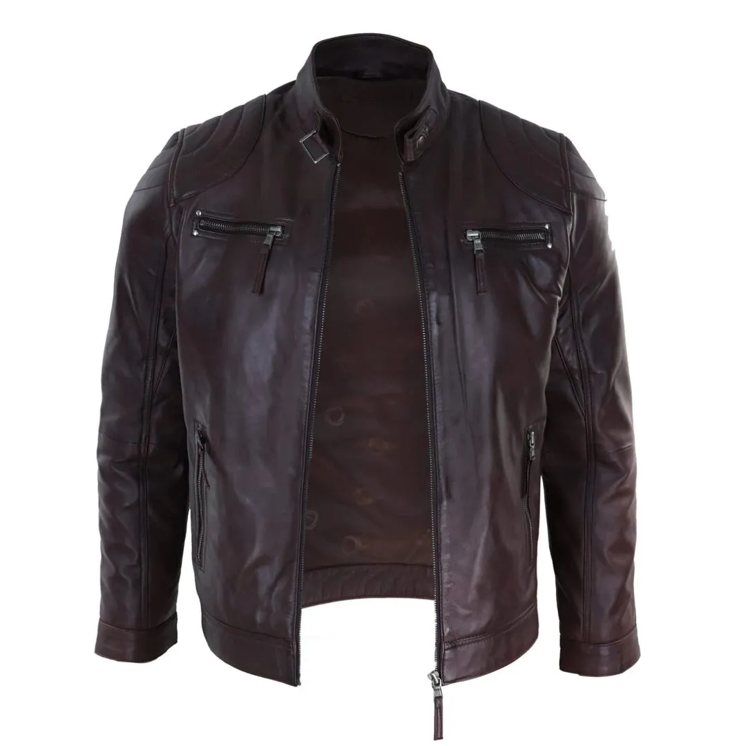 Men's Biker Zip Jacket Leather Light Short Classic Motorcycle