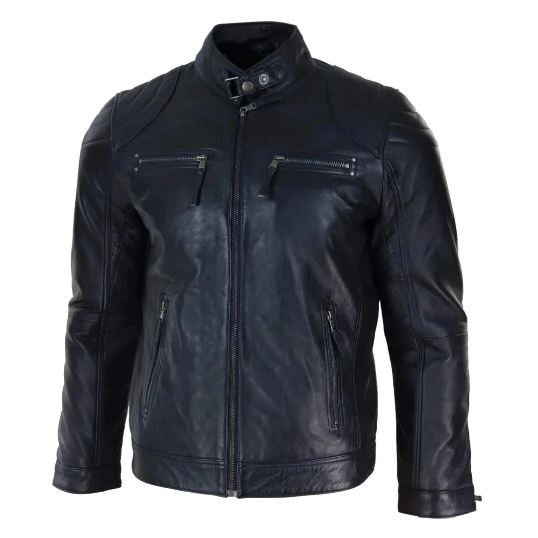 Men's Biker Zip Jacket Leather Light Short Classic Motorcycle