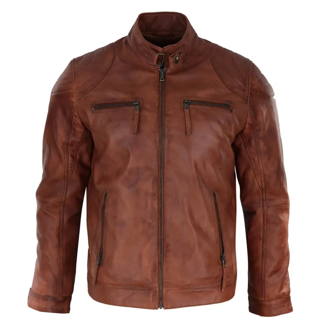 Men's Biker Zip Jacket Leather Light Short Classic Motorcycle