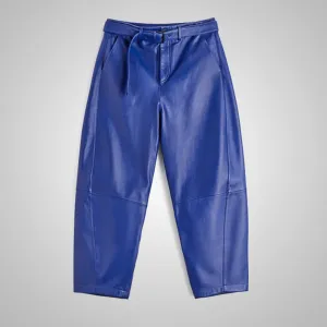 Men's Blue Sheepskin Leather Real Biker Pants