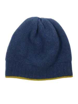 Merino Wool Ribbed Beanie Hat—Denim Blue & Turmeric