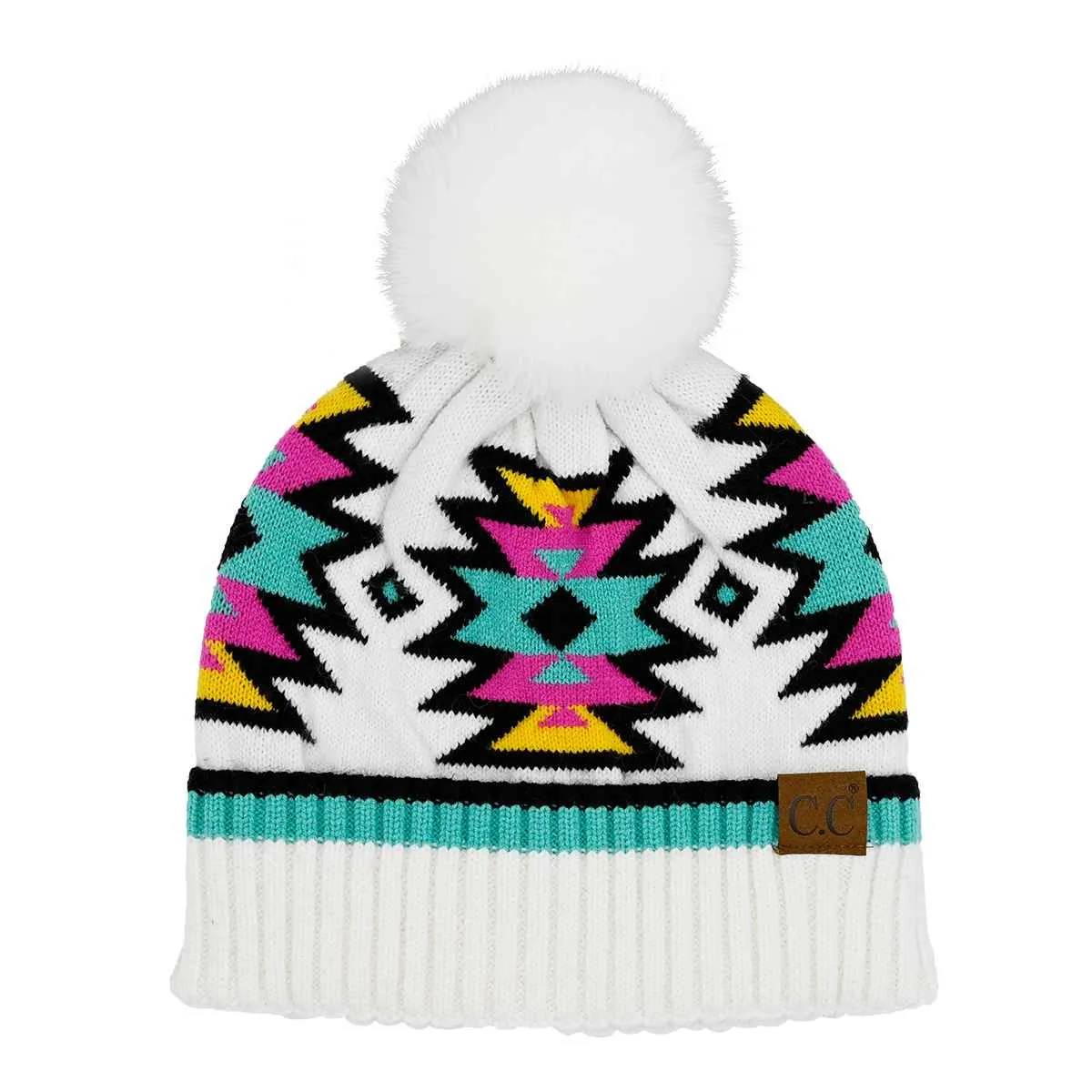 Neon Aztec Pattern Pom Beanie
