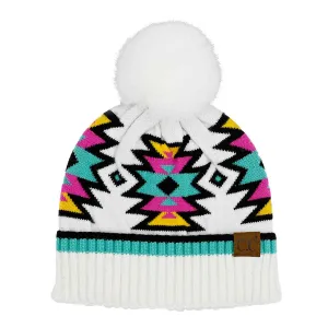 Neon Aztec Pattern Pom Beanie
