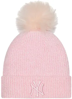 New Era Womens NY Yankees Chenille Bobble Beanie Hat Pink