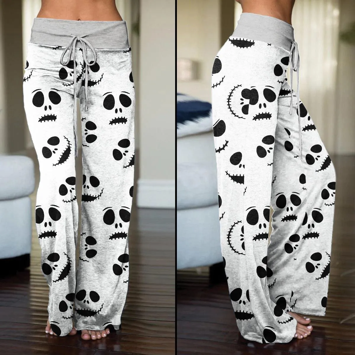 Nightmare White Face Pattern Pajama Pants Print Drawstring Palazzo Lounge