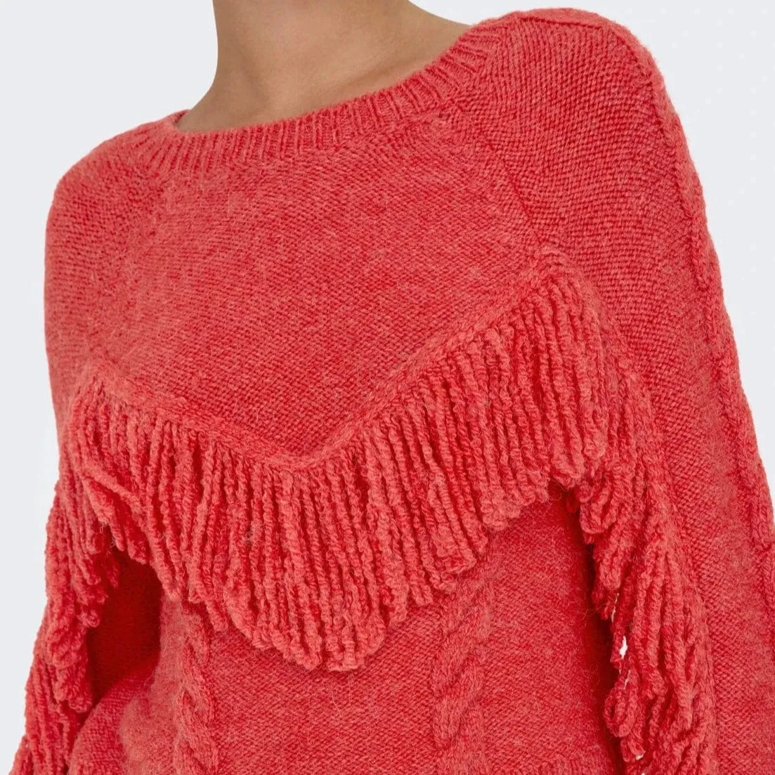 ONLY Onlmargina O-Neck Knitted Pullover with Fringes in Red