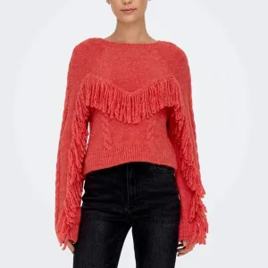 ONLY Onlmargina O-Neck Knitted Pullover with Fringes in Red