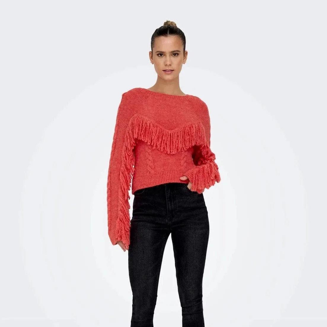 ONLY Onlmargina O-Neck Knitted Pullover with Fringes in Red
