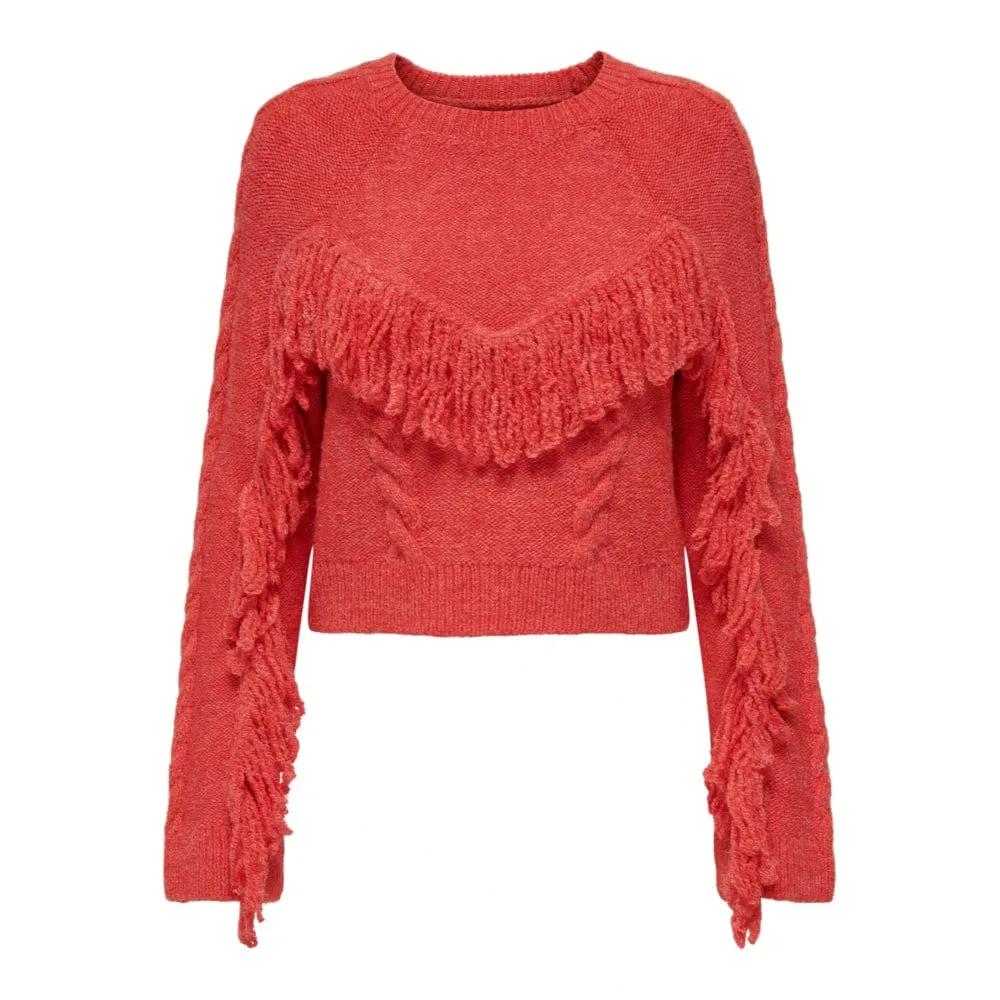 ONLY Onlmargina O-Neck Knitted Pullover with Fringes in Red
