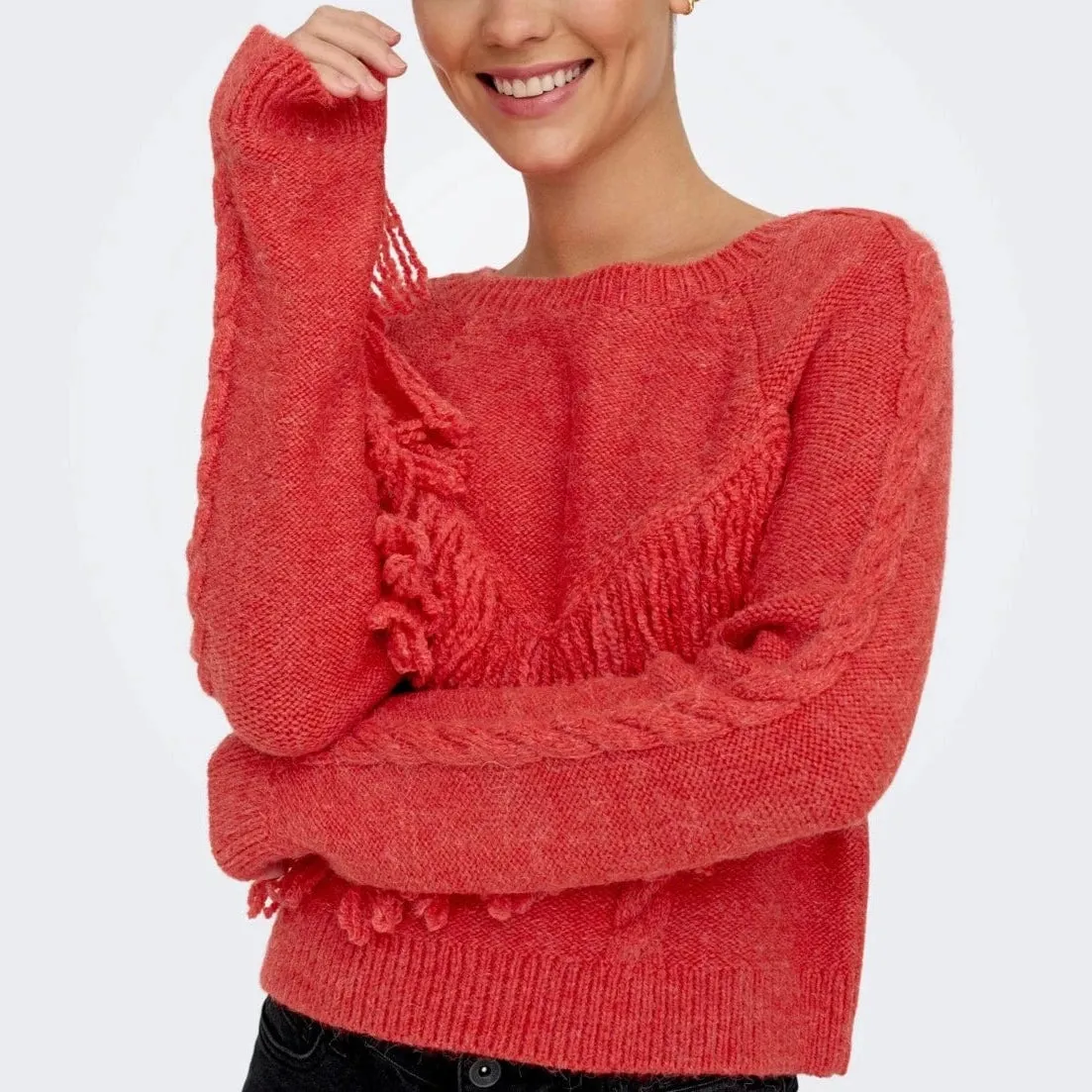ONLY Onlmargina O-Neck Knitted Pullover with Fringes in Red