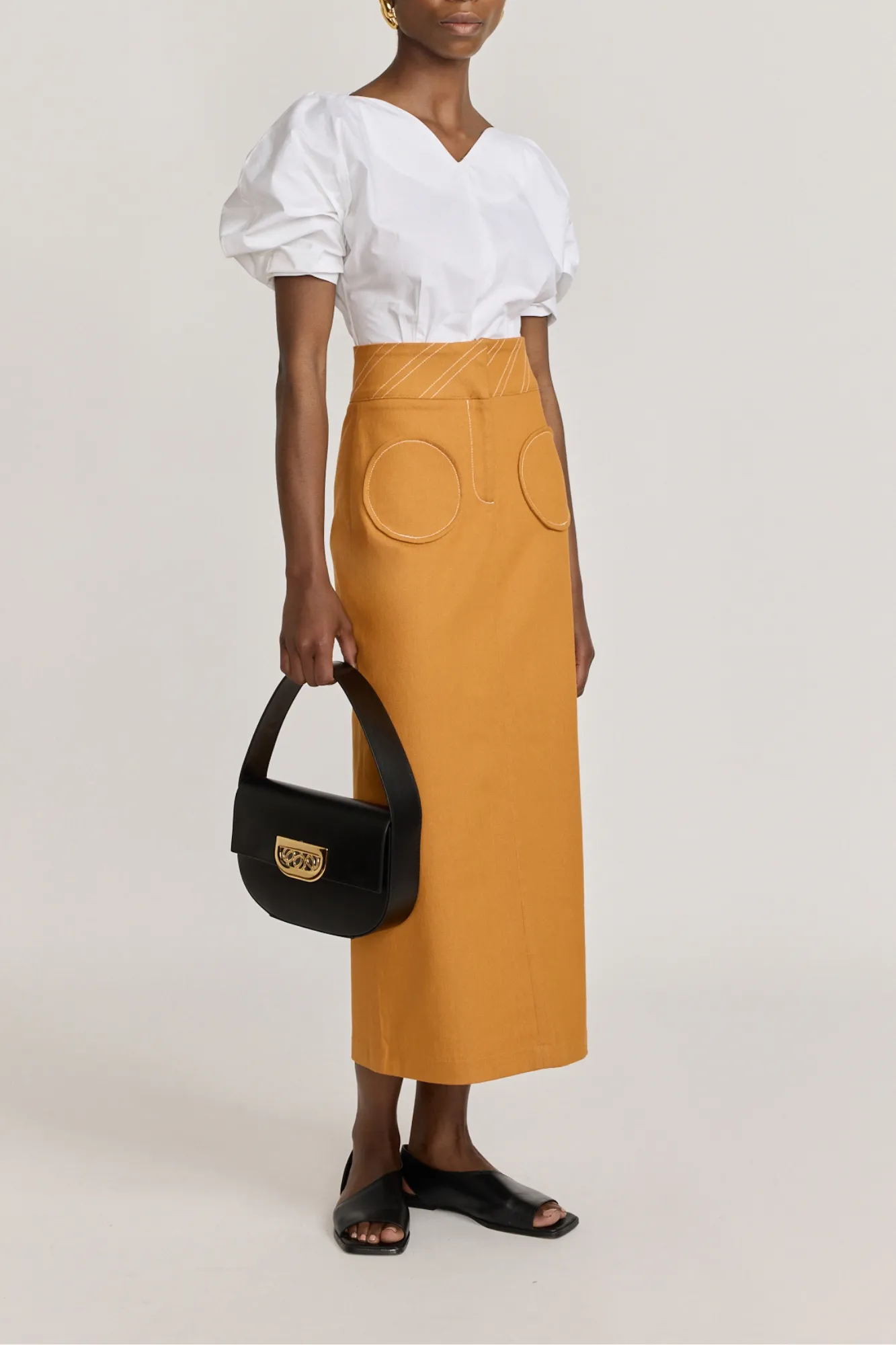 ORANGE Denim Pencil Skirt with Circular Pockets