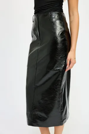Patent Vegan Leather Fitted Pencil Midi Skirt with Slit