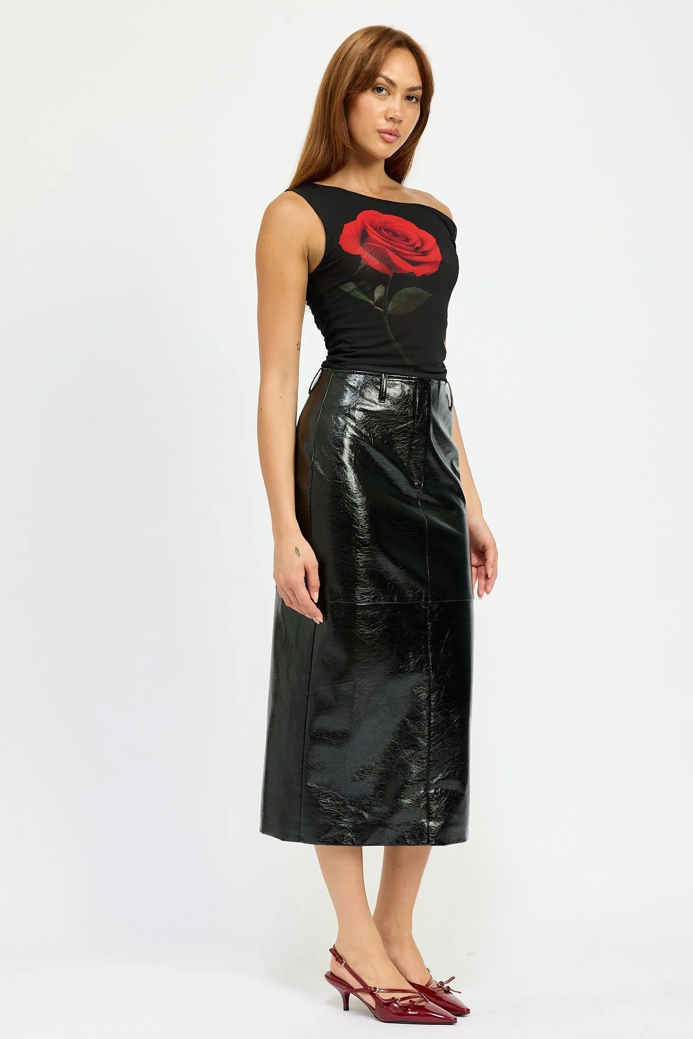 Patent Vegan Leather Fitted Pencil Midi Skirt with Slit