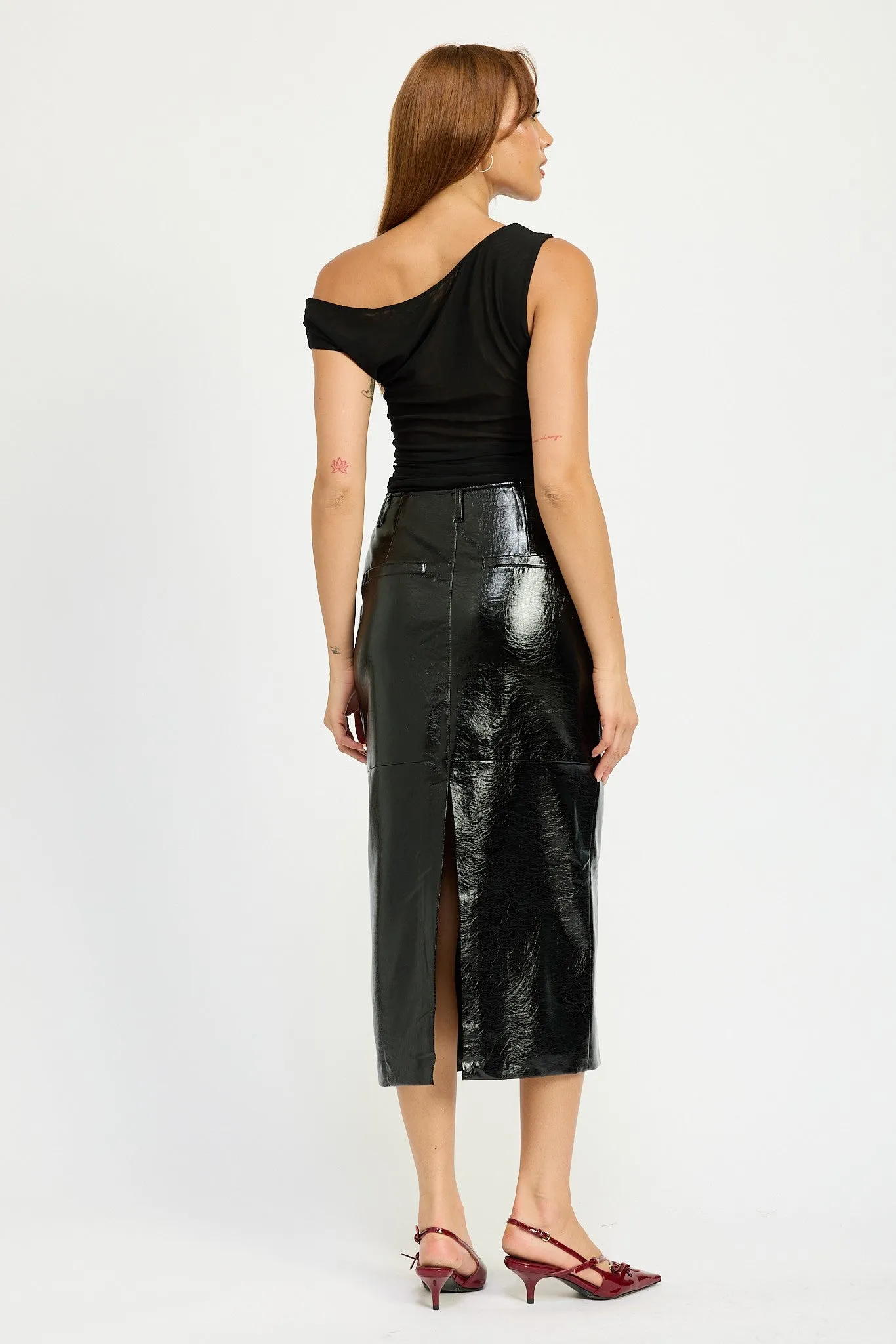 Patent Vegan Leather Fitted Pencil Midi Skirt with Slit