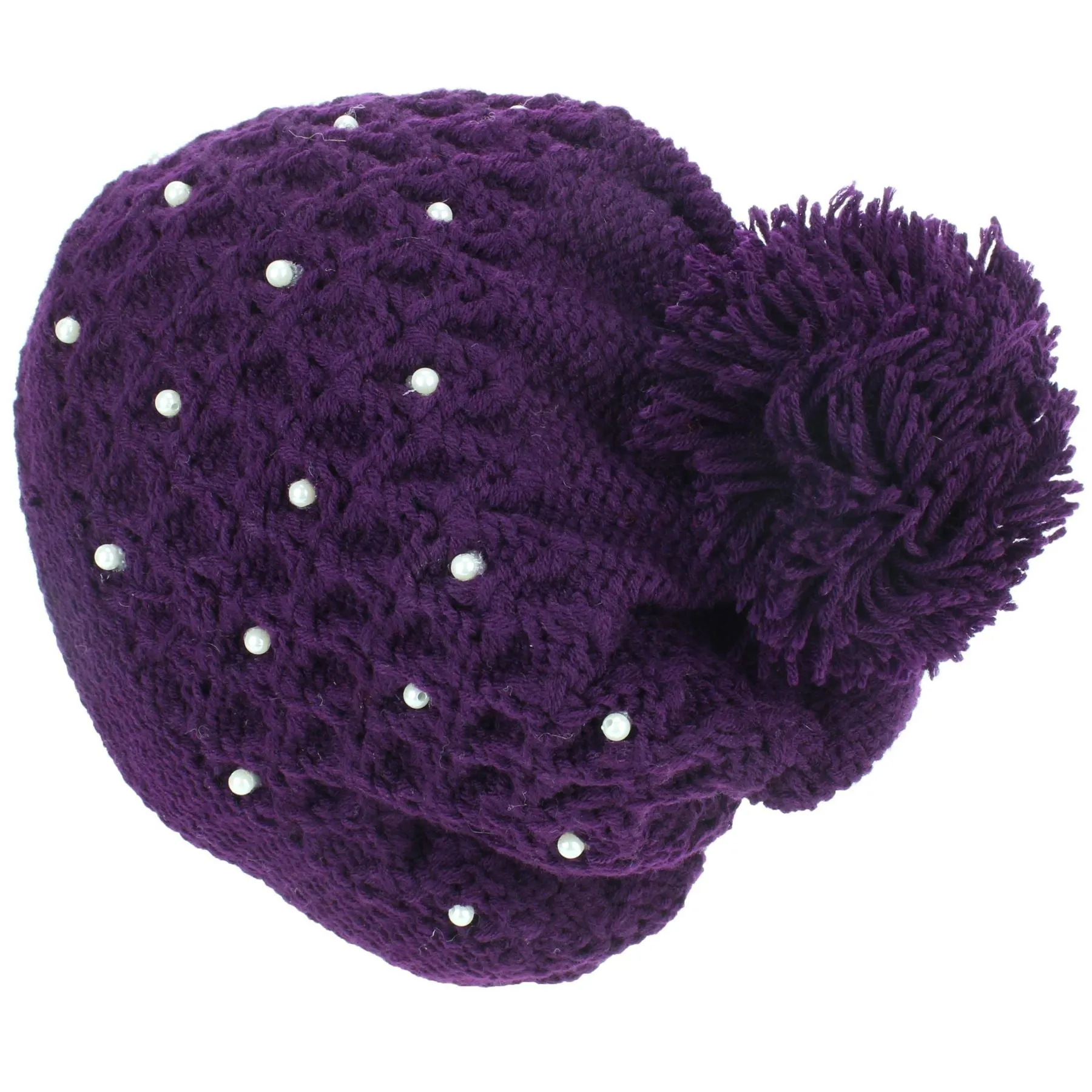 Pearl Lattice Bobble Beanie Hat - Purple