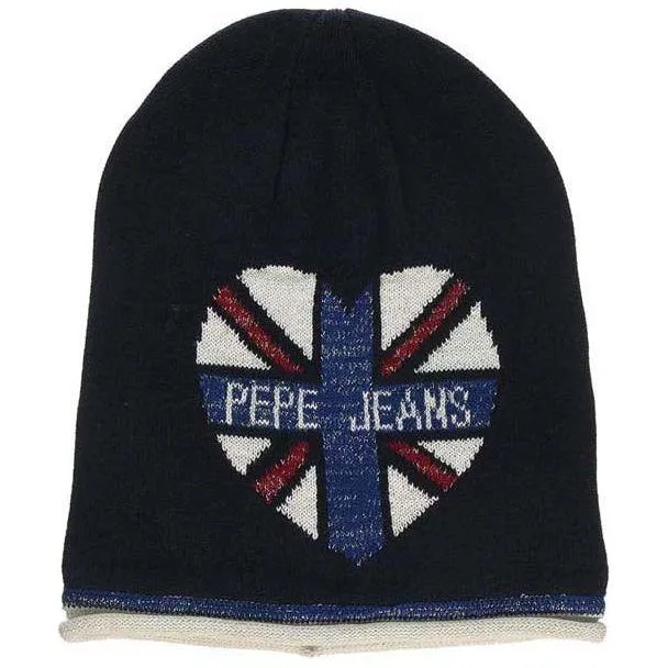 Pepe Jeans Girls Union Jack Heart Beanie in Navy