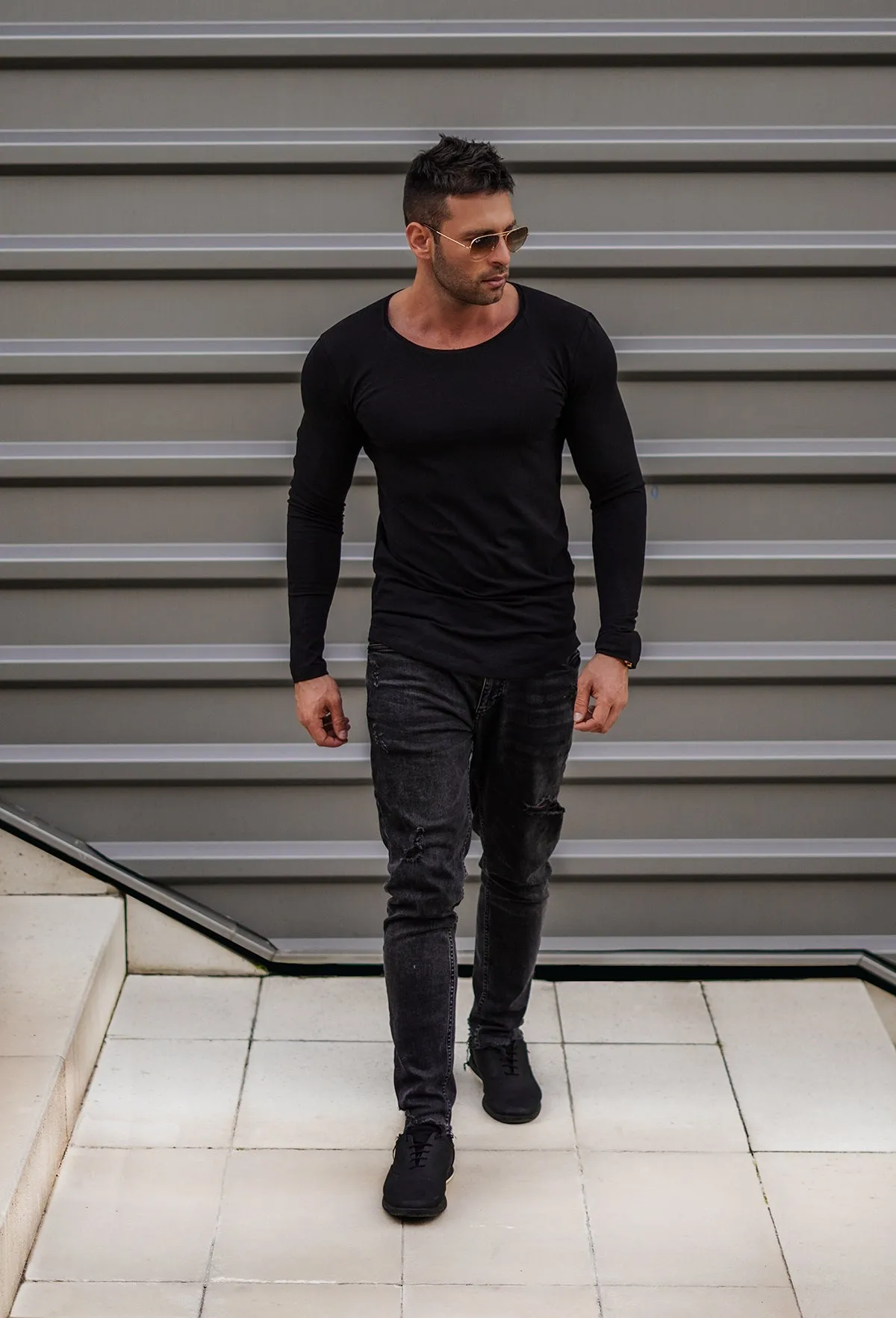 Plain Black Scoop Neck Long Sleeve Shirt