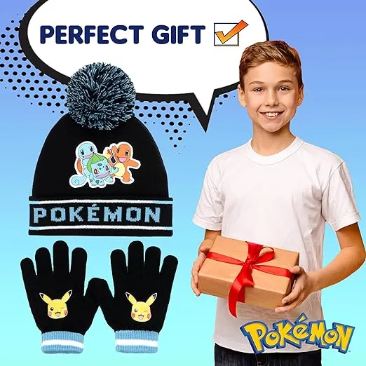 Pokemon - Winter Warm & Comfy Beanie Hat & Gloves Set for Boys - Pikachu Design - Perfect for Boys 6-12 Years