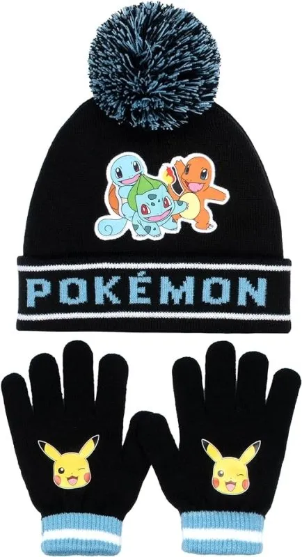 Pokemon - Winter Warm & Comfy Beanie Hat & Gloves Set for Boys - Pikachu Design - Perfect for Boys 6-12 Years