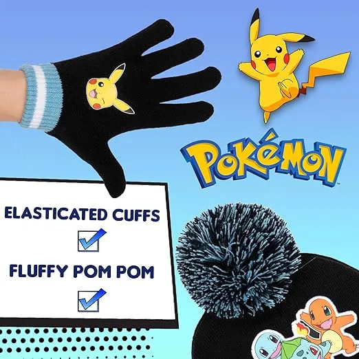 Pokemon - Winter Warm & Comfy Beanie Hat & Gloves Set for Boys - Pikachu Design - Perfect for Boys 6-12 Years