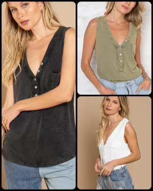 POL Button detailed V-neck Sleeveless Basic Knit Top - Assorted Colors