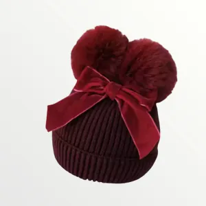 Pom pom & Bow Beanie - Burgundy