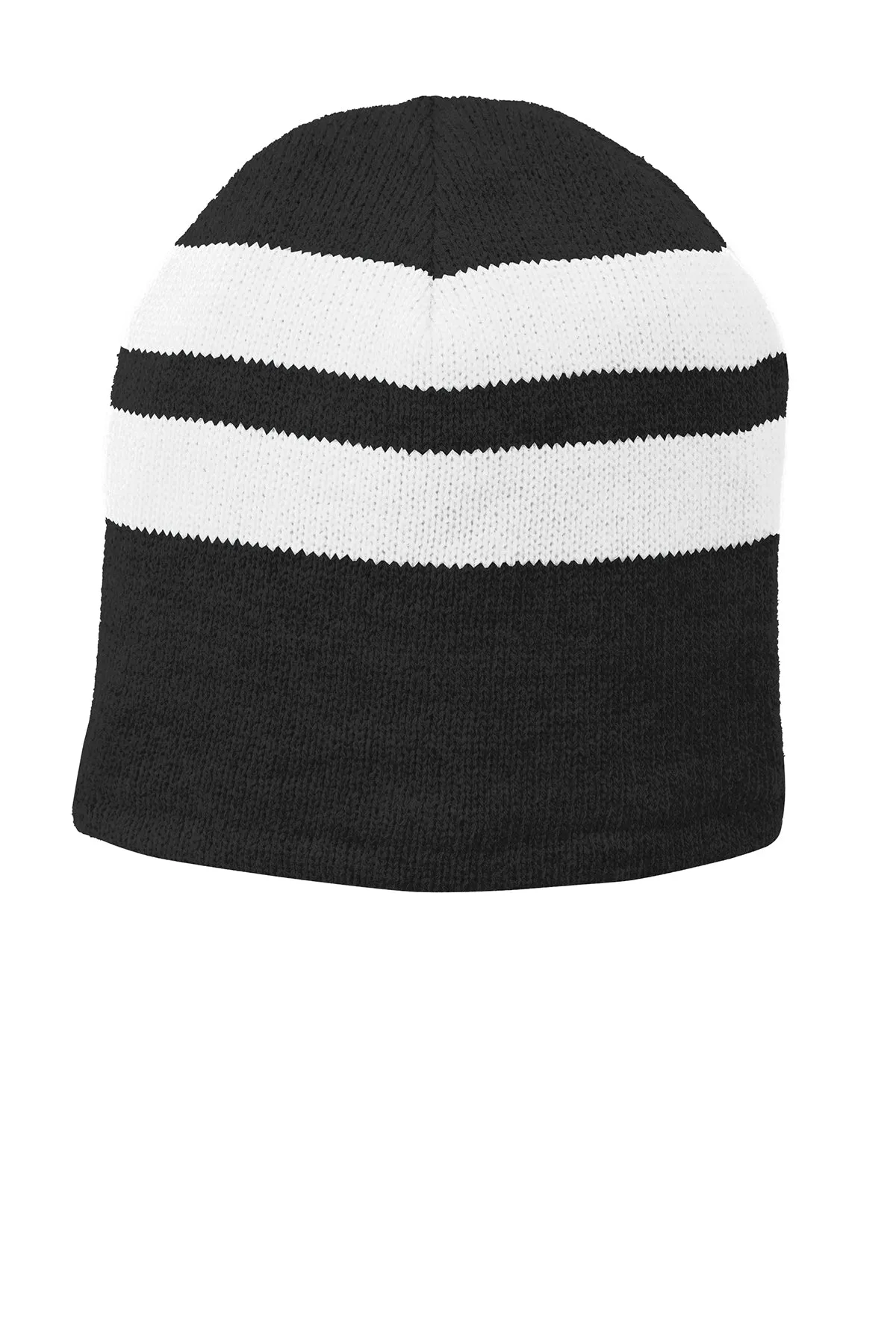 Port & Company Fleece Lined Striped Customized Beanies, Black/ White