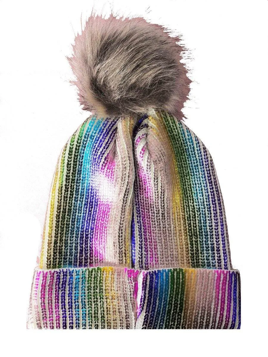 Rainbow Beanie With Black/Brown Pom Pom