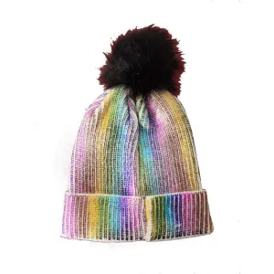 Rainbow Beanie With Black/Brown Pom Pom