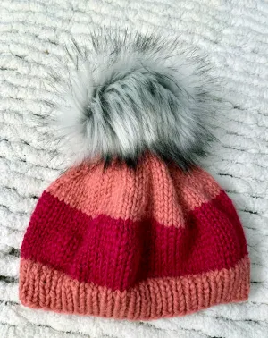 Red and Coral Baby Alpaca Beanie with Pom-Pom