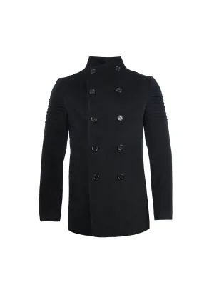 Ribbed Sleeve Wool Overcoat in Black