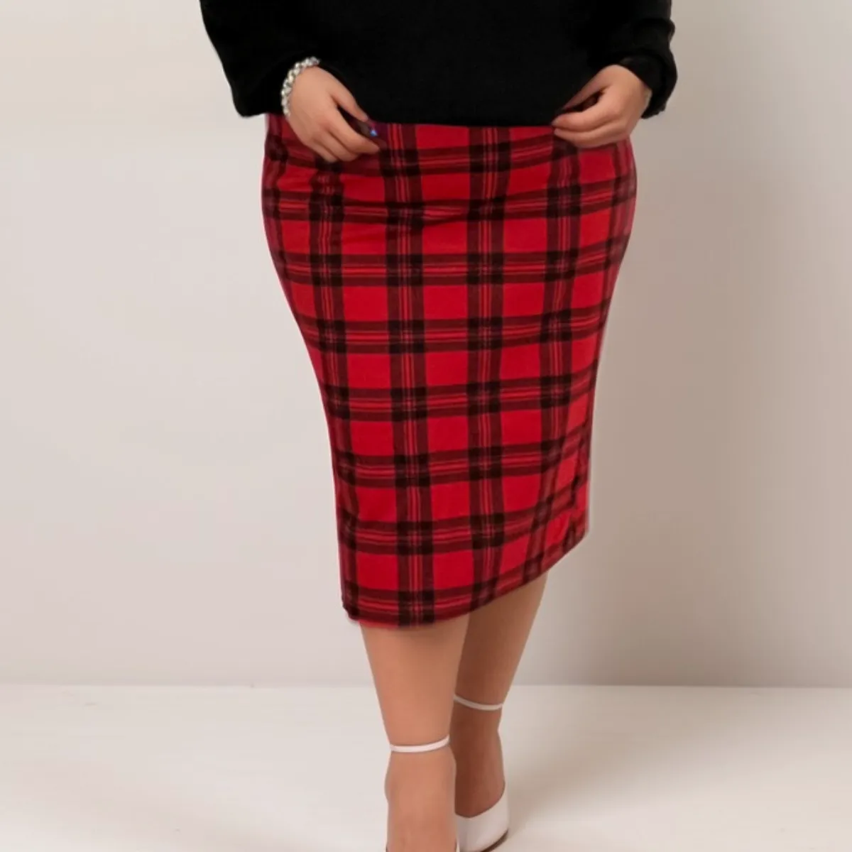 ROCKHOSECURVES RED TARTAN ELASTIC WAIST PENCIL SKIRT