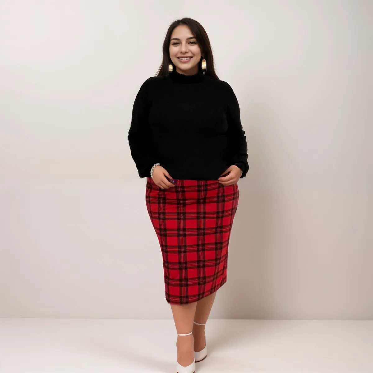 ROCKHOSECURVES RED TARTAN ELASTIC WAIST PENCIL SKIRT