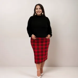 ROCKHOSECURVES RED TARTAN ELASTIC WAIST PENCIL SKIRT