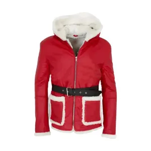 Santa Claus Hooded Red Leather Coat with Fur Trim - Holiday Edition