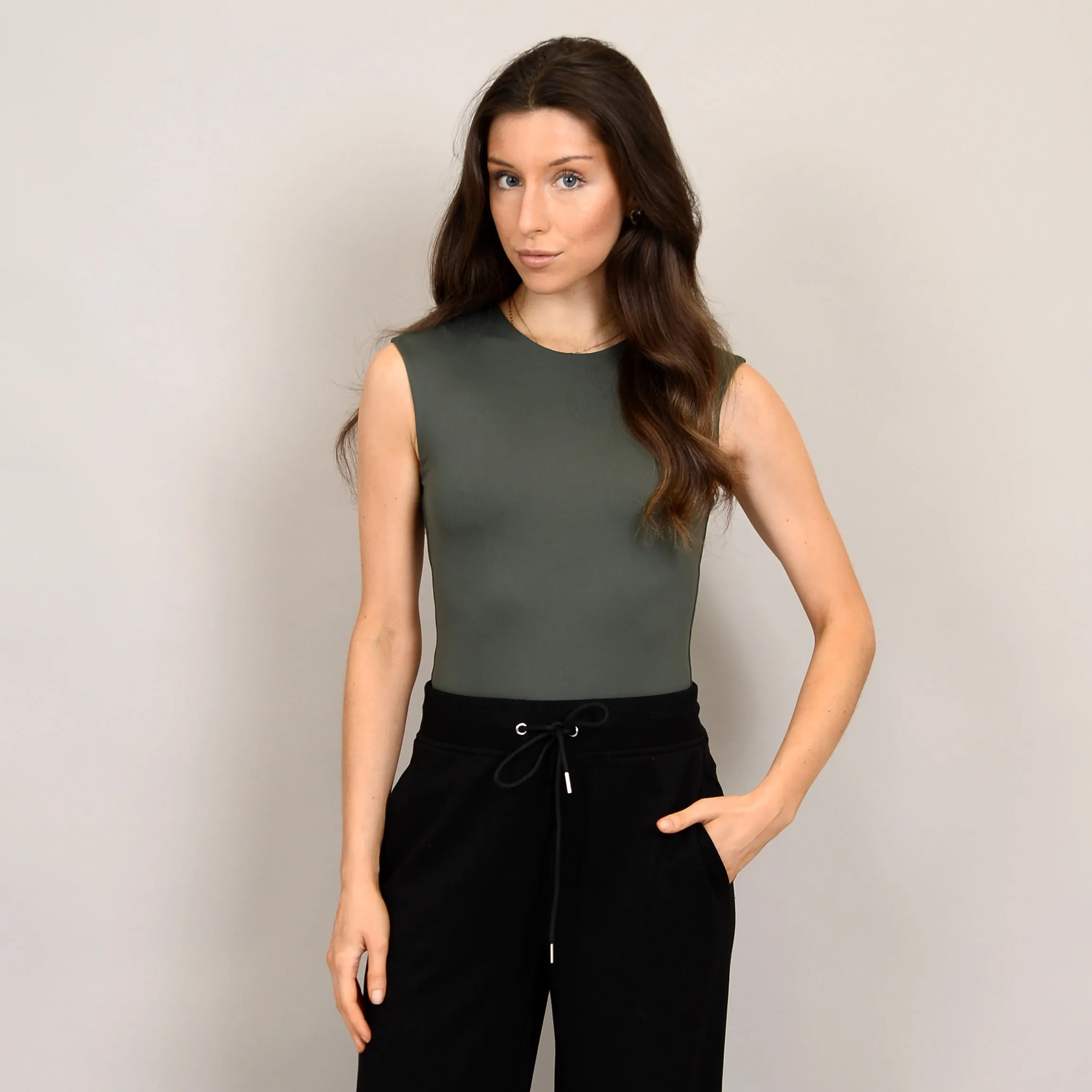 SECOND SKIN BY RD STYLE WOMEN'S ROXI SLEEVELESS CREWNECK BODYSUIT- DK IVY