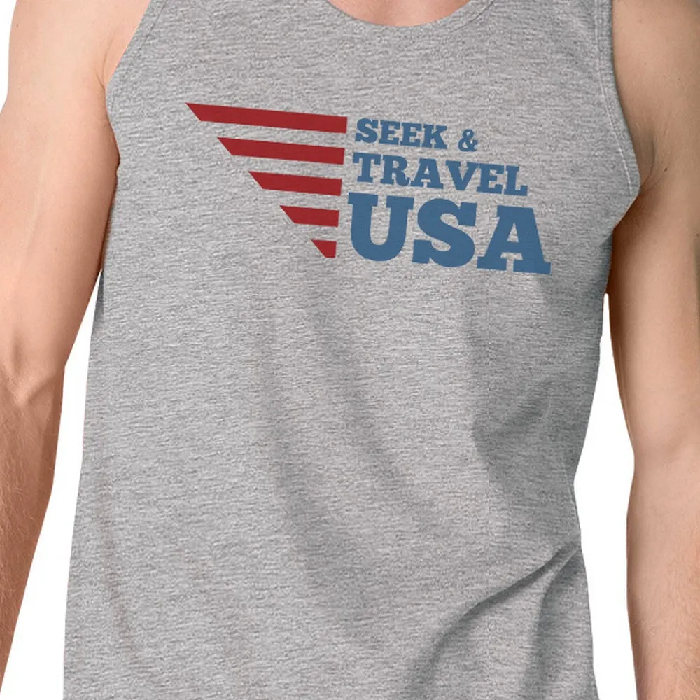 Seek & Travel USA Mens Gray Sleeveless Tee Shirt Round Neck Tanks