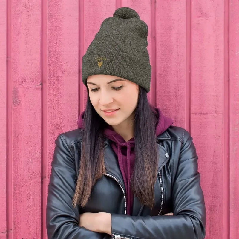 Self Love Pom-Pom Beanie - Women's Beanie with Embroidery