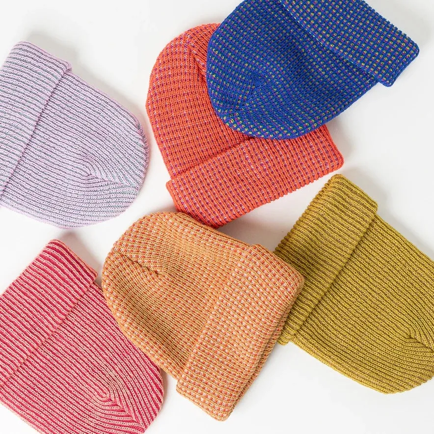 Simple Grid Knit Beanie in Lime Pink