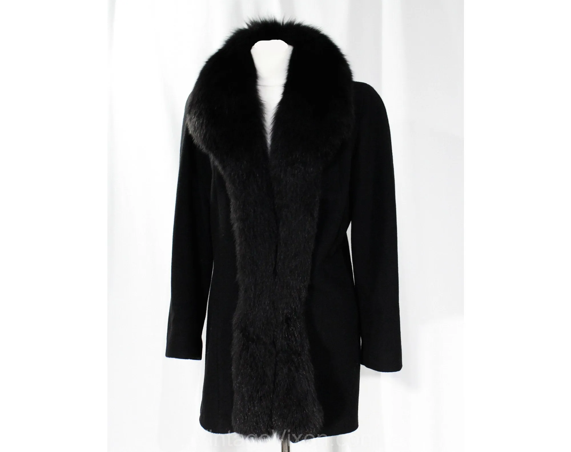 Size 10 Black Coat with Posh Fox Fur - 1990s Designer Albert Nipon - Medium Lambs Wool Overcoat - Gorgeous Glamorous Street Chic - Bust 37.5