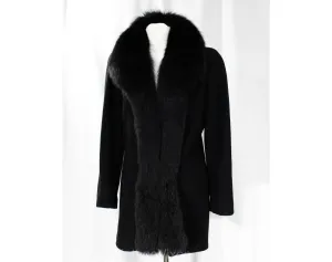 Size 10 Black Coat with Posh Fox Fur - 1990s Designer Albert Nipon - Medium Lambs Wool Overcoat - Gorgeous Glamorous Street Chic - Bust 37.5