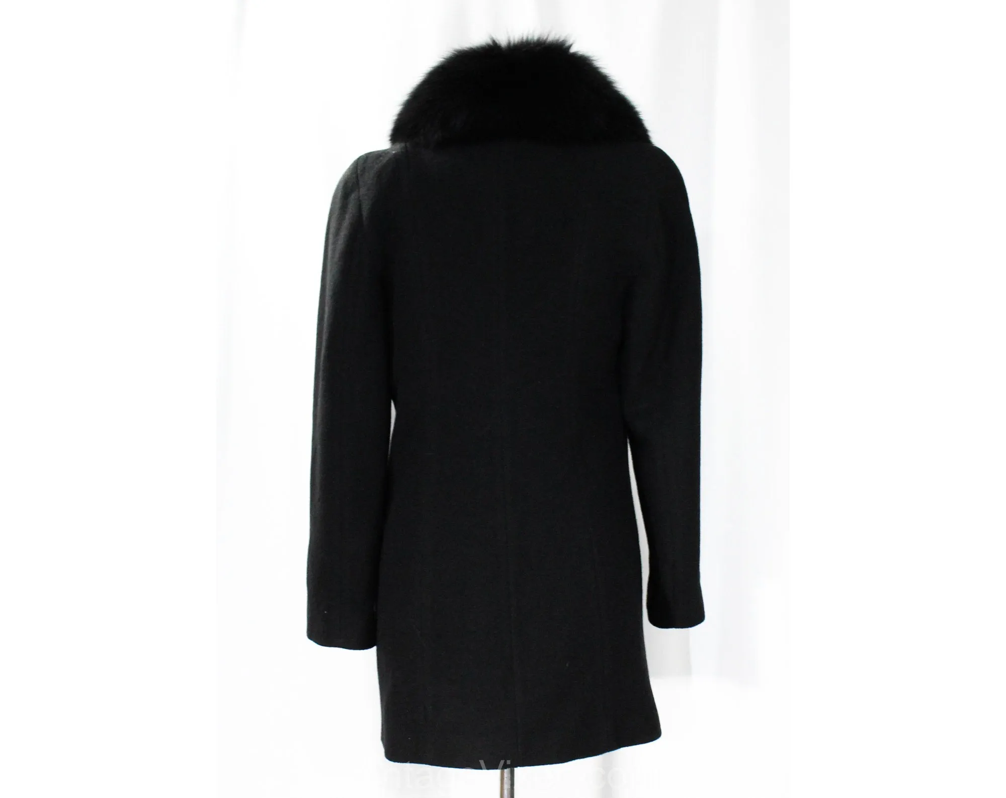 Size 10 Black Coat with Posh Fox Fur - 1990s Designer Albert Nipon - Medium Lambs Wool Overcoat - Gorgeous Glamorous Street Chic - Bust 37.5