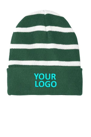 Sport-Tek Striped Customized Beanies with Solid Band, Forest Green/ White