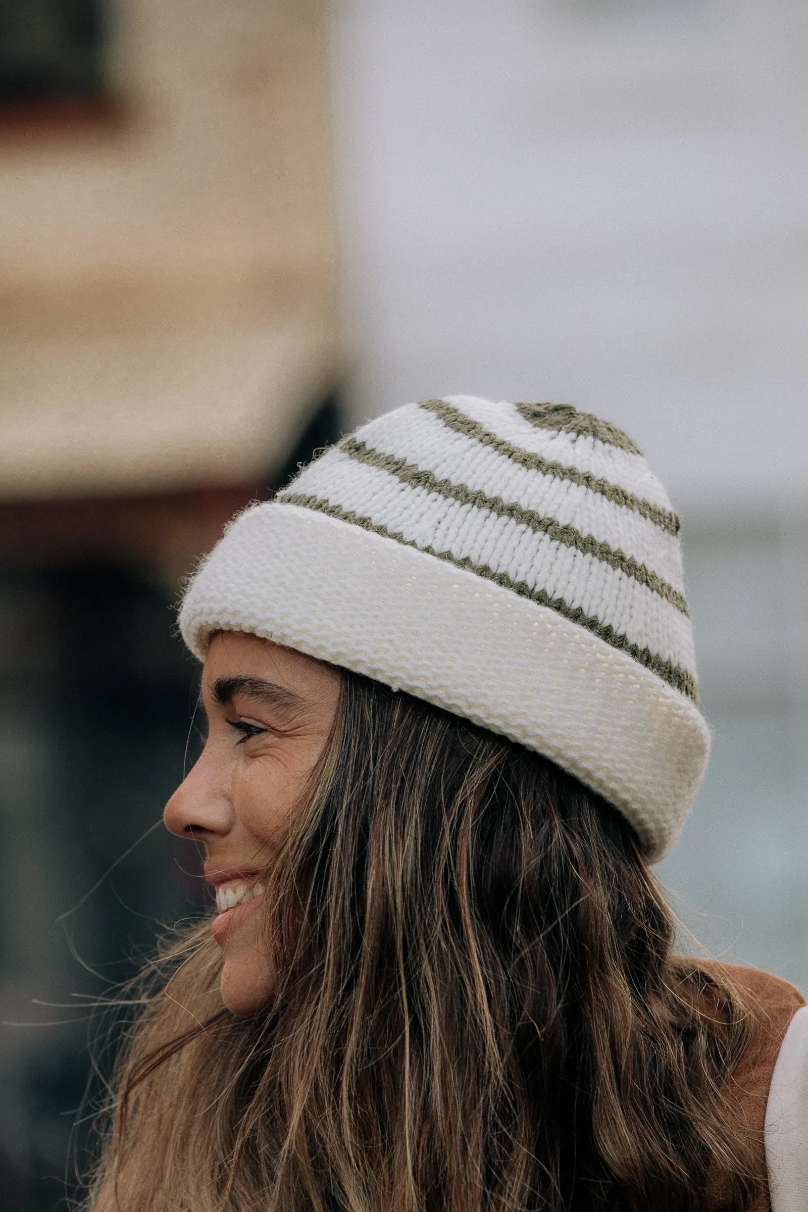 Striped Knit Beanie - Dusty Green