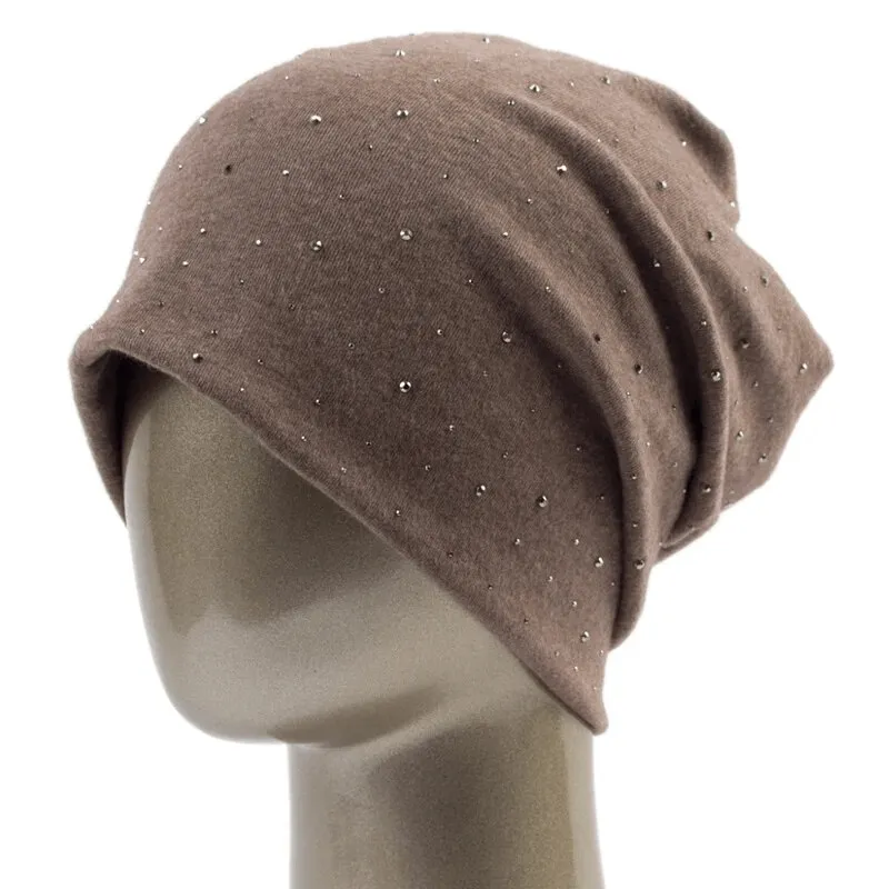 Stylish Solid Color Women's Beanie with Rhinestones - SF1689