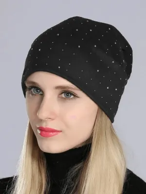 Stylish Solid Color Women's Beanie with Rhinestones - SF1689
