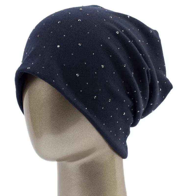 Stylish Solid Color Women's Beanie with Rhinestones - SF1689